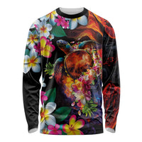 Hawaiian Lei Day Long Sleeve Shirt Colorful Plumeria and Volcanic Turtle with Abstract Lava Texture LT03 Unisex Black - Polynesian Pride
