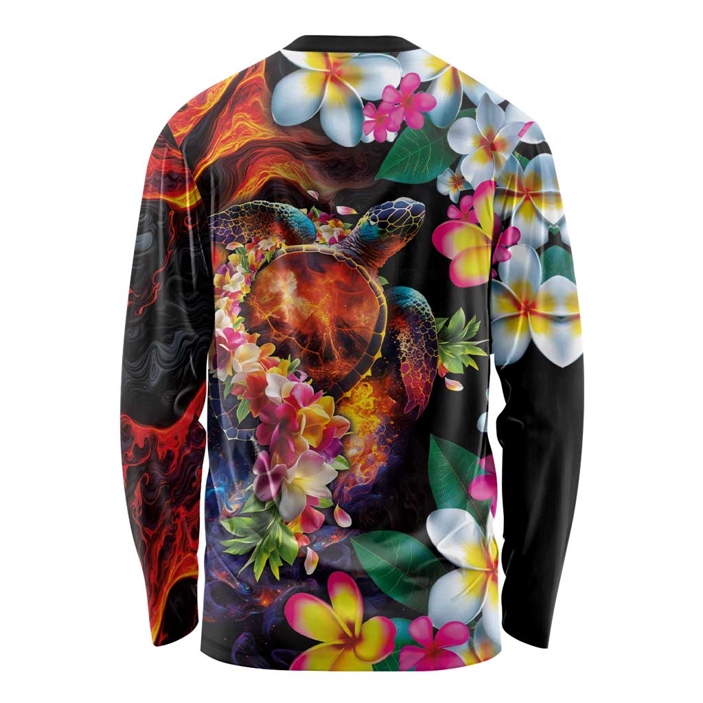 Hawaiian Lei Day Long Sleeve Shirt Colorful Plumeria and Volcanic Turtle with Abstract Lava Texture LT03 - Polynesian Pride