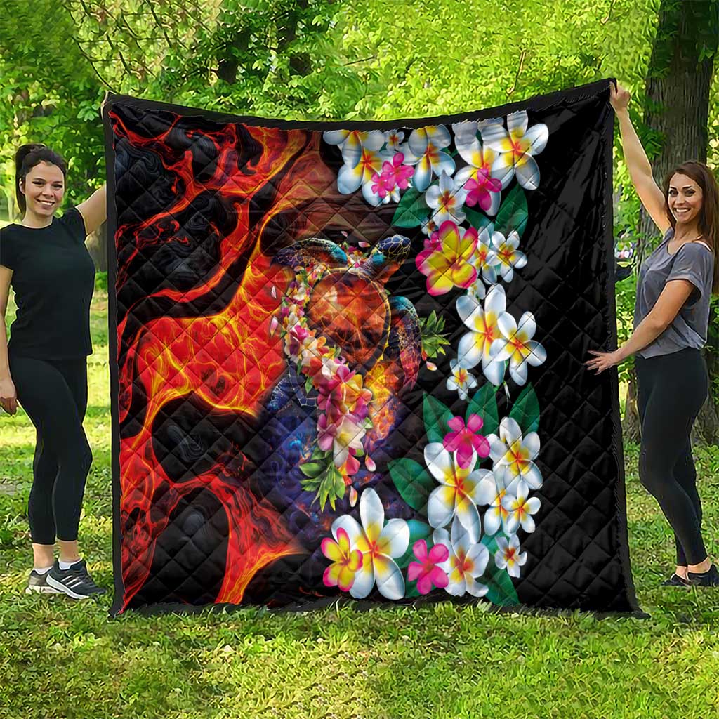 Hawaiian Lei Day Quilt Colorful Plumeria and Volcanic Turtle with Abstract Lava Texture
