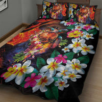 Hawaiian Lei Day Quilt Bed Set Colorful Plumeria and Volcanic Turtle with Abstract Lava Texture