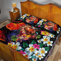 Hawaiian Lei Day Quilt Bed Set Colorful Plumeria and Volcanic Turtle with Abstract Lava Texture