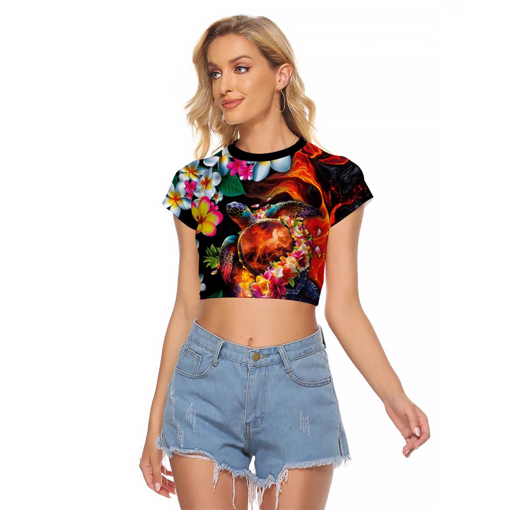 Hawaiian Lei Day Raglan Cropped T Shirt Colorful Plumeria and Volcanic Turtle with Abstract Lava Texture LT03 Female Black - Polynesian Pride