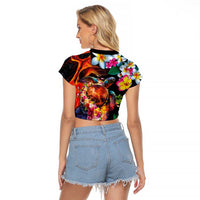 Hawaiian Lei Day Raglan Cropped T Shirt Colorful Plumeria and Volcanic Turtle with Abstract Lava Texture LT03 - Polynesian Pride