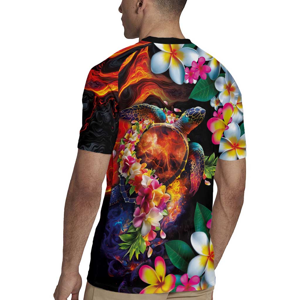 Hawaiian Lei Day Rugby Jersey Colorful Plumeria and Volcanic Turtle with Abstract Lava Texture
