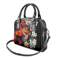 Hawaiian Lei Day Shoulder Handbag Colorful Plumeria and Volcanic Turtle with Abstract Lava Texture