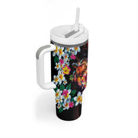 Hawaiian Lei Day Tumbler With Handle Colorful Plumeria and Volcanic Turtle with Abstract Lava Texture