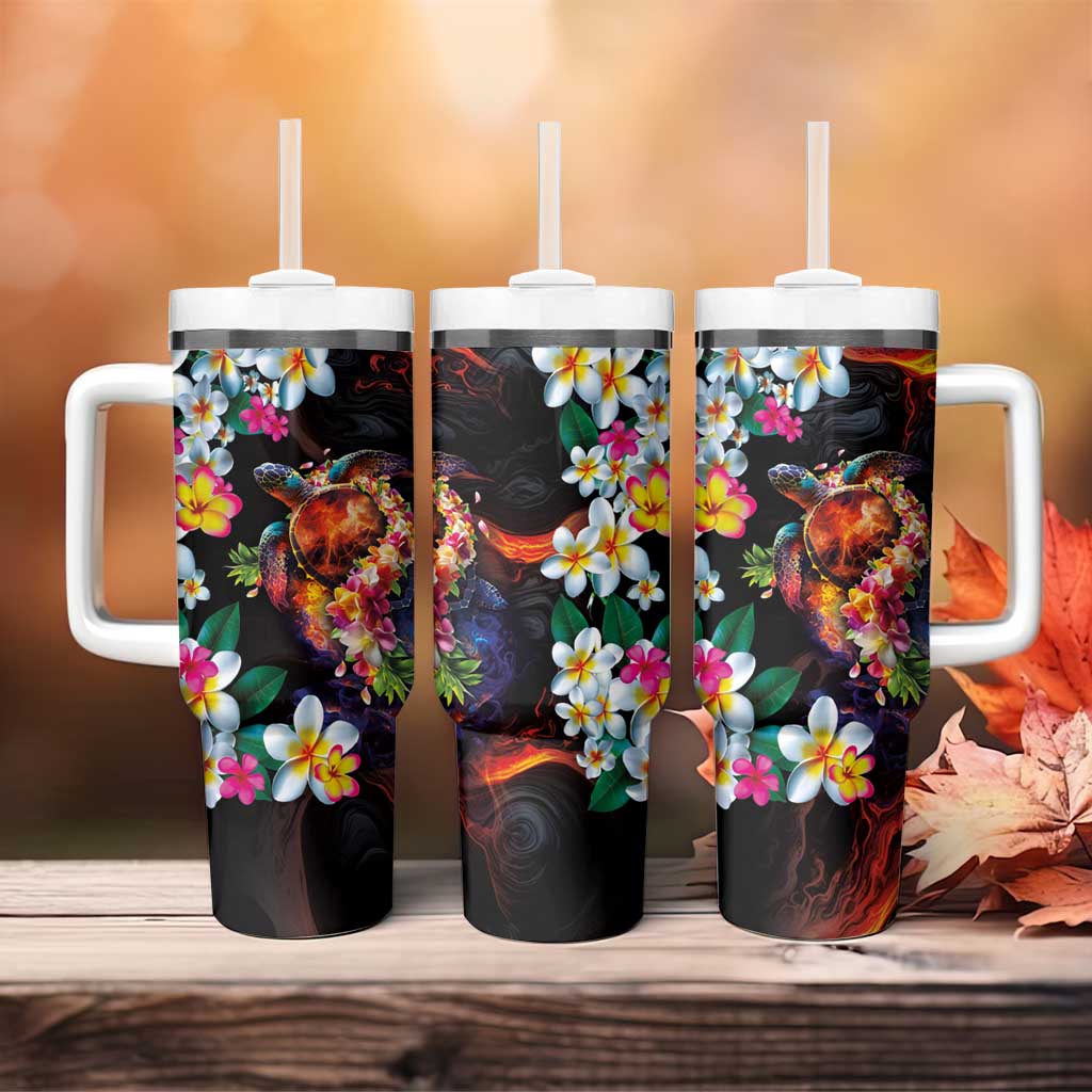 Hawaiian Lei Day Tumbler With Handle Colorful Plumeria and Volcanic Turtle with Abstract Lava Texture