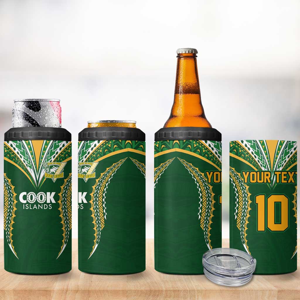 Custom Cook Island Rugby League 2025 4 in 1 Can Cooler Tumbler Tatau Tribal Pattern-Special Edition Green Color