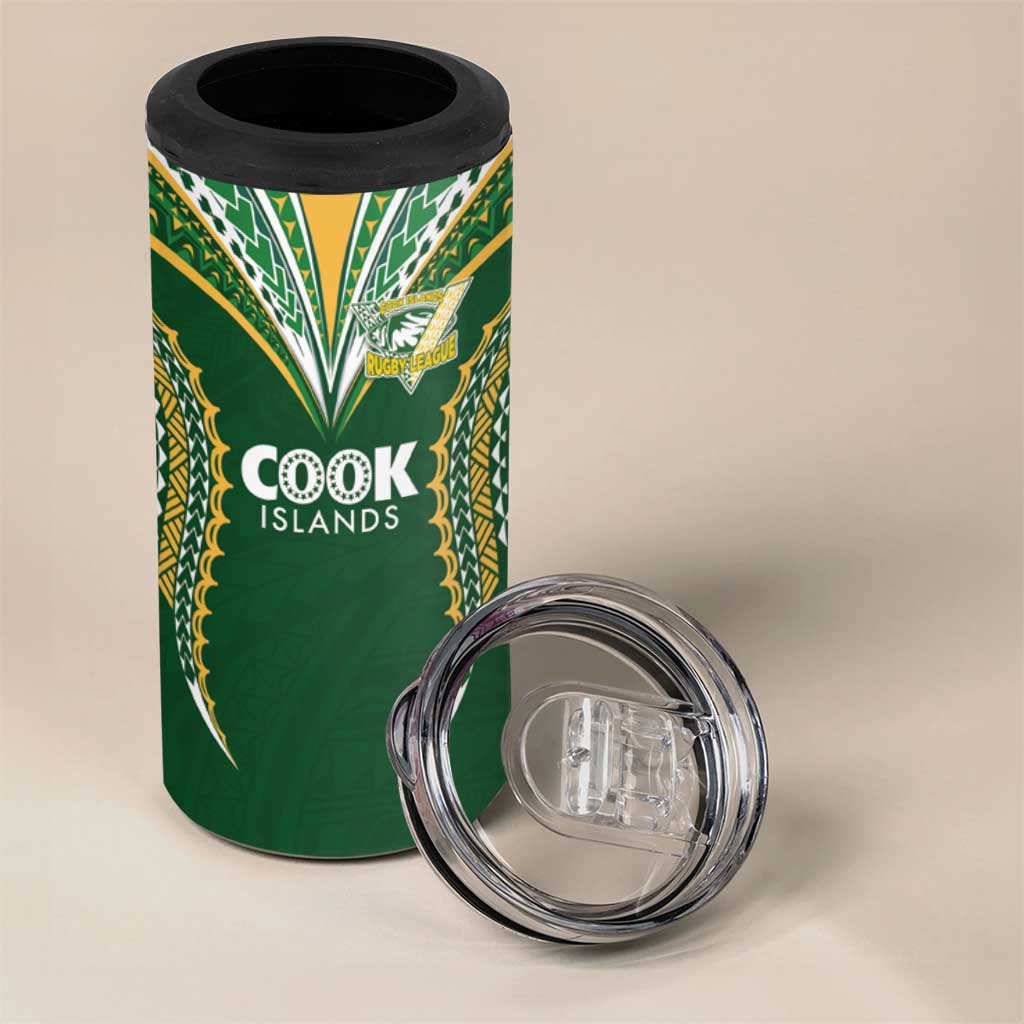 Custom Cook Island Rugby League 2025 4 in 1 Can Cooler Tumbler Tatau Tribal Pattern-Special Edition Green Color
