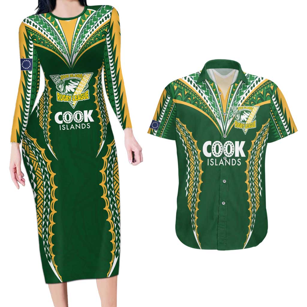 Custom Cook Islands Rugby League Couples Matching Long Sleeve Bodycon Dress and Hawaiian Shirt Tatau Tribal Pattern-Special Edition Green Color