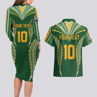 Custom Cook Islands Rugby League Couples Matching Long Sleeve Bodycon Dress and Hawaiian Shirt Tatau Tribal Pattern-Special Edition Green Color