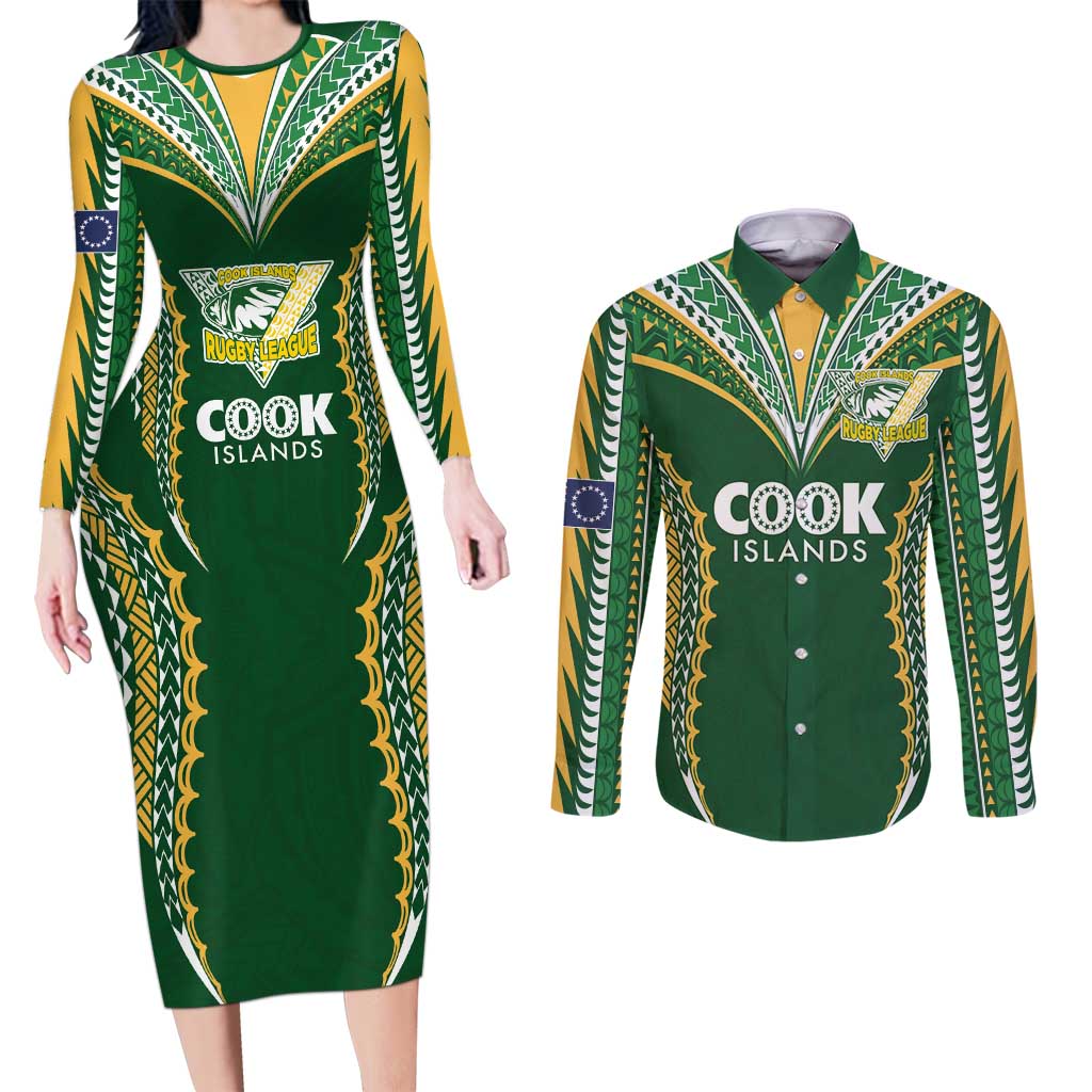Custom Cook Islands Rugby League Couples Matching Long Sleeve Bodycon Dress and Long Sleeve Button Shirt Tatau Tribal Pattern-Special Edition Green Color