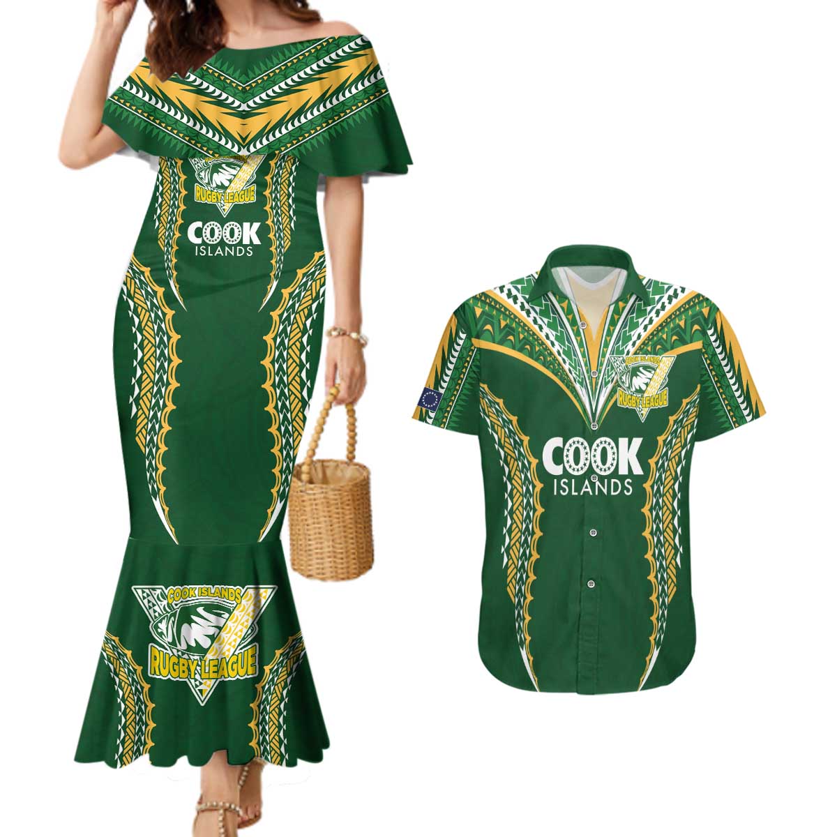 Custom Cook Islands Rugby League Couples Matching Mermaid Dress and Hawaiian Shirt Tatau Tribal Pattern-Special Edition Green Color