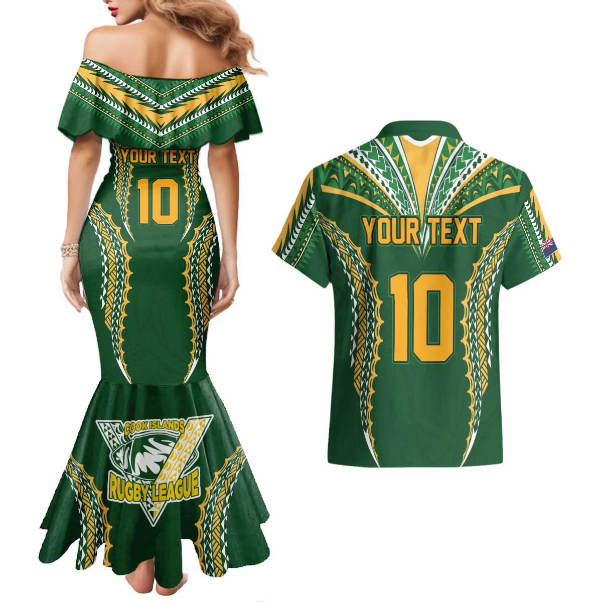Custom Cook Islands Rugby League Couples Matching Mermaid Dress and Hawaiian Shirt Tatau Tribal Pattern-Special Edition Green Color