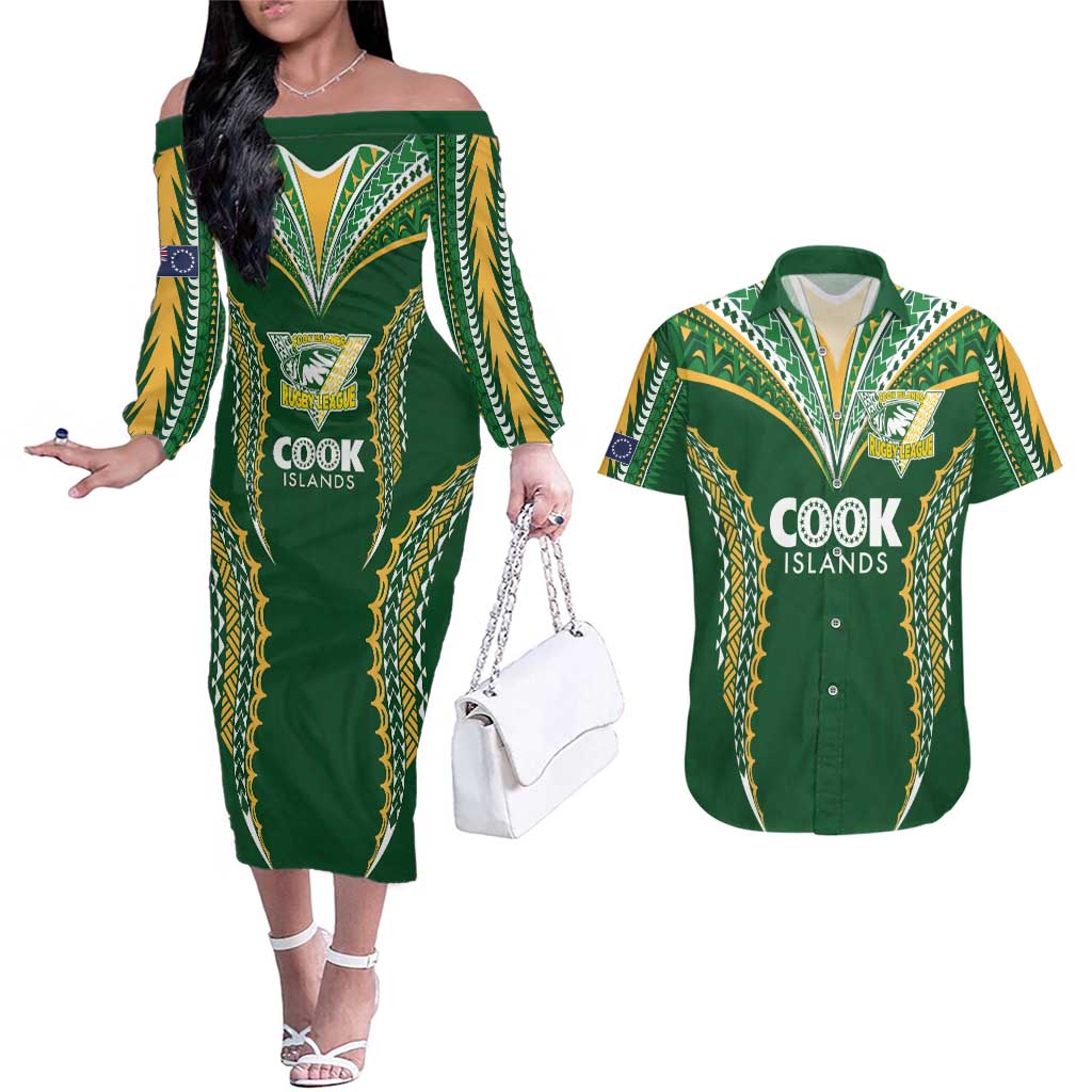 Custom Cook Islands Rugby League Couples Matching Off The Shoulder Long Sleeve Dress and Hawaiian Shirt Tatau Tribal Pattern-Special Edition Green Color
