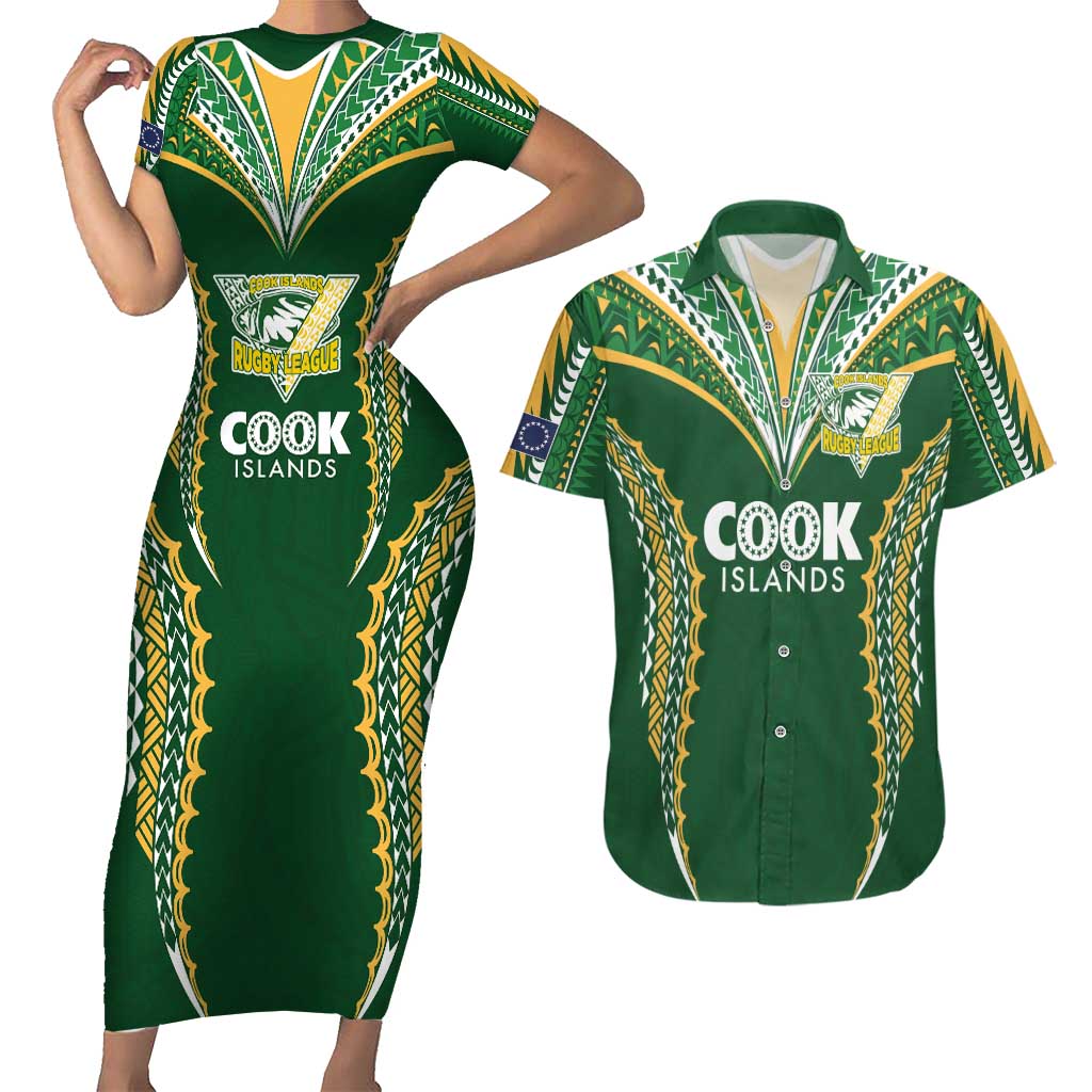Custom Cook Islands Rugby League Couples Matching Short Sleeve Bodycon Dress and Hawaiian Shirt Tatau Tribal Pattern-Special Edition Green Color