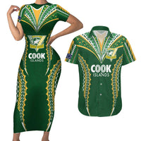 Custom Cook Islands Rugby League Couples Matching Short Sleeve Bodycon Dress and Hawaiian Shirt Tatau Tribal Pattern-Special Edition Green Color
