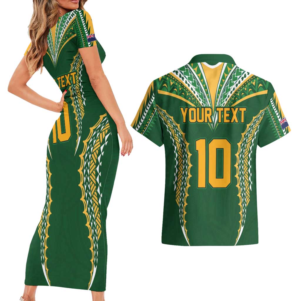 Custom Cook Islands Rugby League Couples Matching Short Sleeve Bodycon Dress and Hawaiian Shirt Tatau Tribal Pattern-Special Edition Green Color
