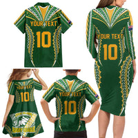 Custom Cook Islands Rugby League Family Matching Long Sleeve Bodycon Dress and Hawaiian Shirt Tatau Tribal Pattern-Special Edition Green Color