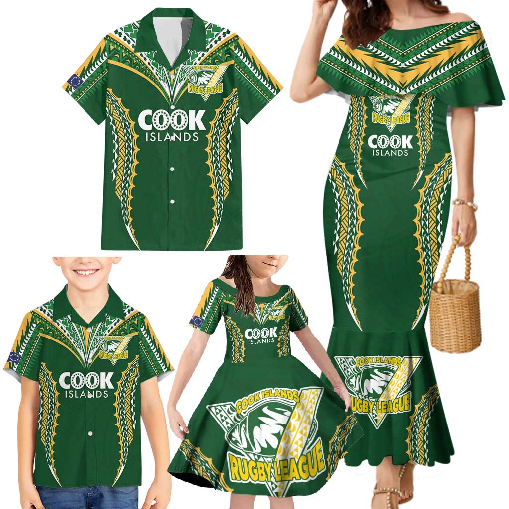 Custom Cook Islands Rugby League Family Matching Mermaid Dress and Hawaiian Shirt Tatau Tribal Pattern-Special Edition Green Color