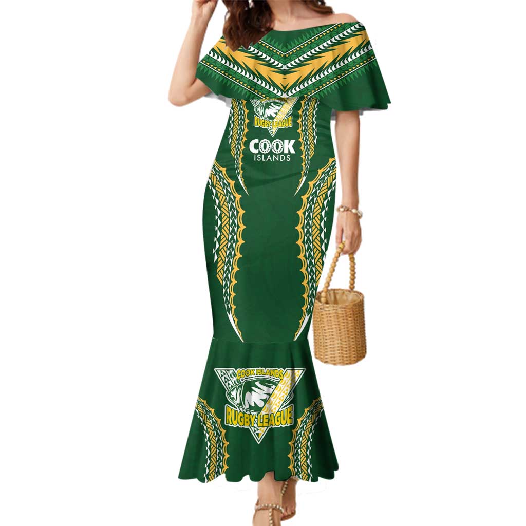 Custom Cook Islands Rugby League Family Matching Mermaid Dress and Hawaiian Shirt Tatau Tribal Pattern-Special Edition Green Color