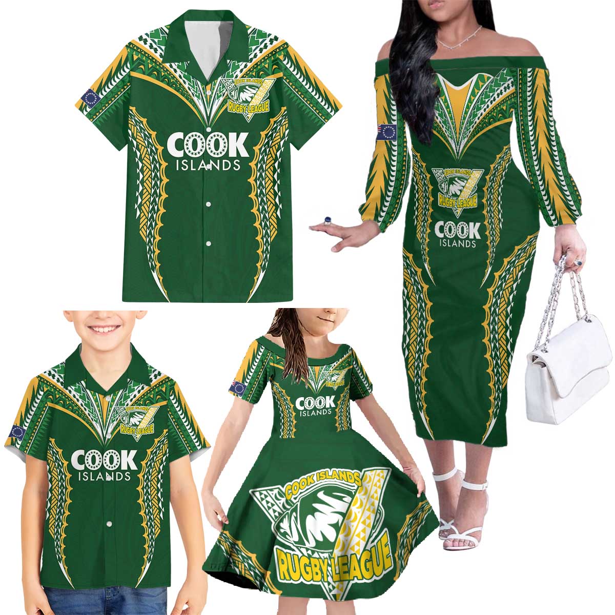 Custom Cook Islands Rugby League Family Matching Off The Shoulder Long Sleeve Dress and Hawaiian Shirt Tatau Tribal Pattern-Special Edition Green Color
