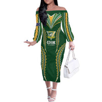 Custom Cook Islands Rugby League Family Matching Off The Shoulder Long Sleeve Dress and Hawaiian Shirt Tatau Tribal Pattern-Special Edition Green Color