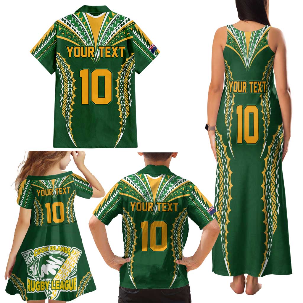 Custom Cook Islands Rugby League Family Matching Tank Maxi Dress and Hawaiian Shirt Tatau Tribal Pattern-Special Edition Green Color
