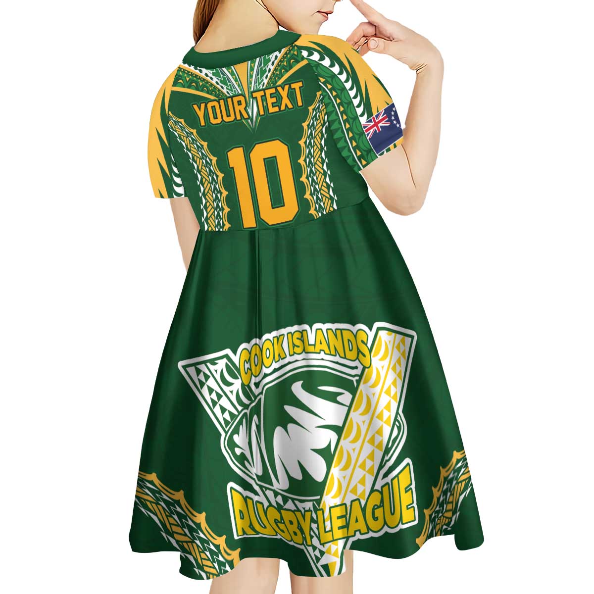 Custom Cook Islands Rugby League Kid Short Sleeve Dress Tatau Tribal Pattern-Special Edition Green Color