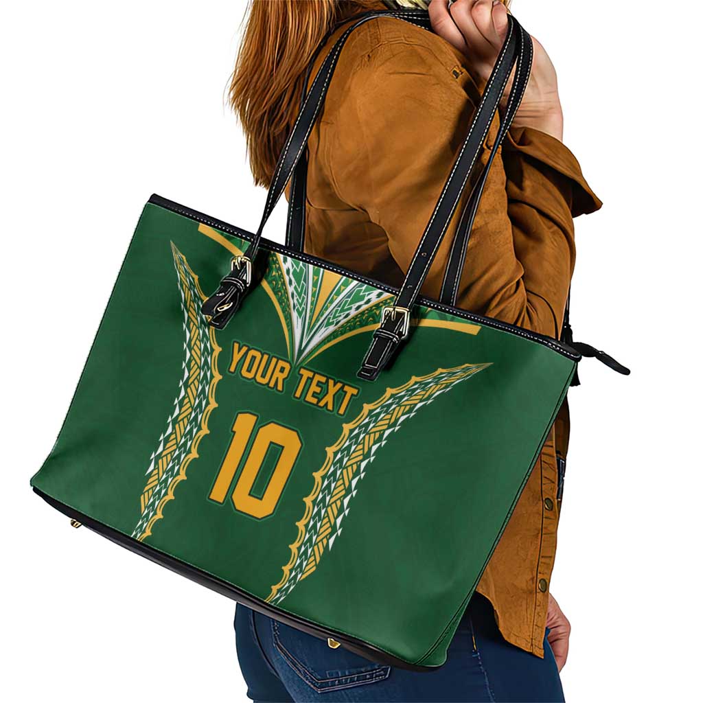 Custom Cook Islands Rugby League Leather Tote Bag Tatau Tribal Pattern-Special Edition Green Color
