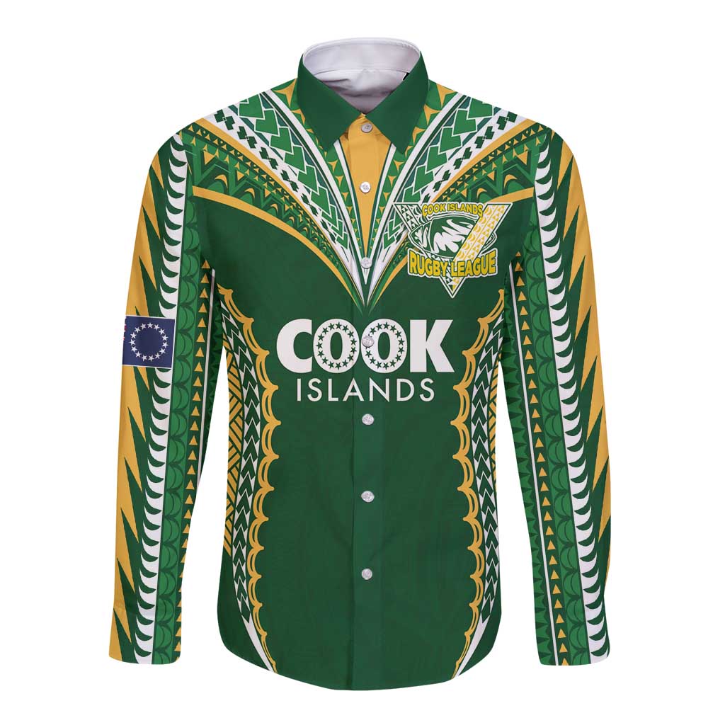 Custom Cook Islands Rugby League Long Sleeve Button Shirt Tatau Tribal Pattern-Special Edition Green Color