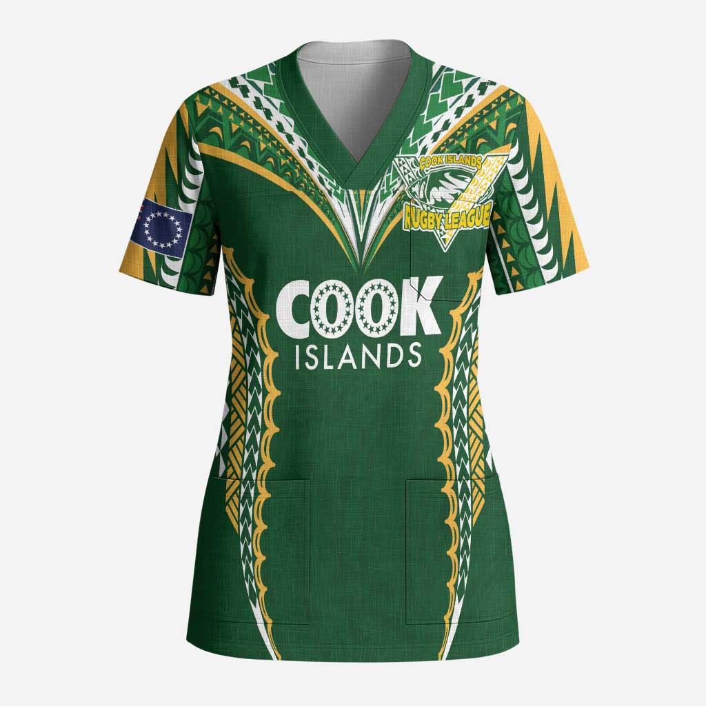 Custom Cook Islands Rugby League Scrub Top Tatau Tribal Pattern-Special Edition Green Color - Polynesian Pride