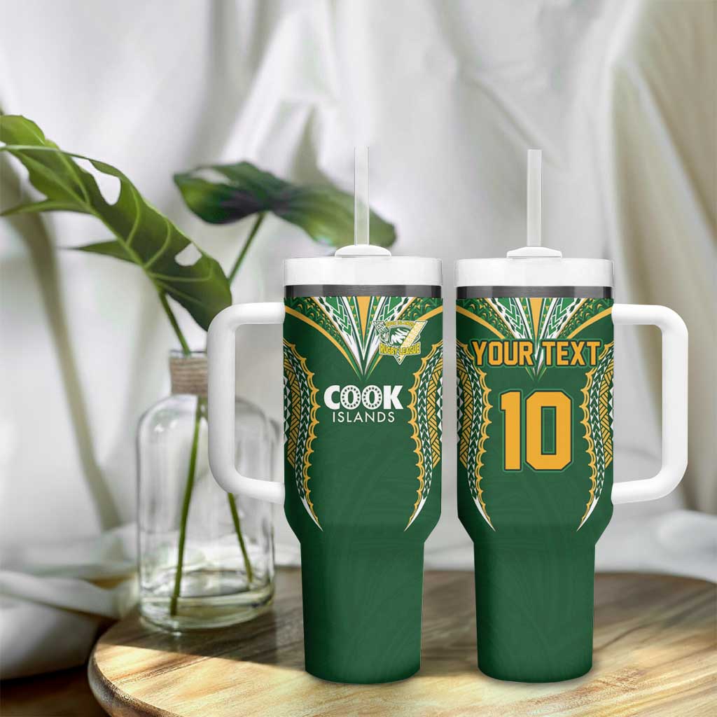 Custom Cook Island Rugby League 2025 Tumbler With Handle Tatau Tribal Pattern-Special Edition Green Color