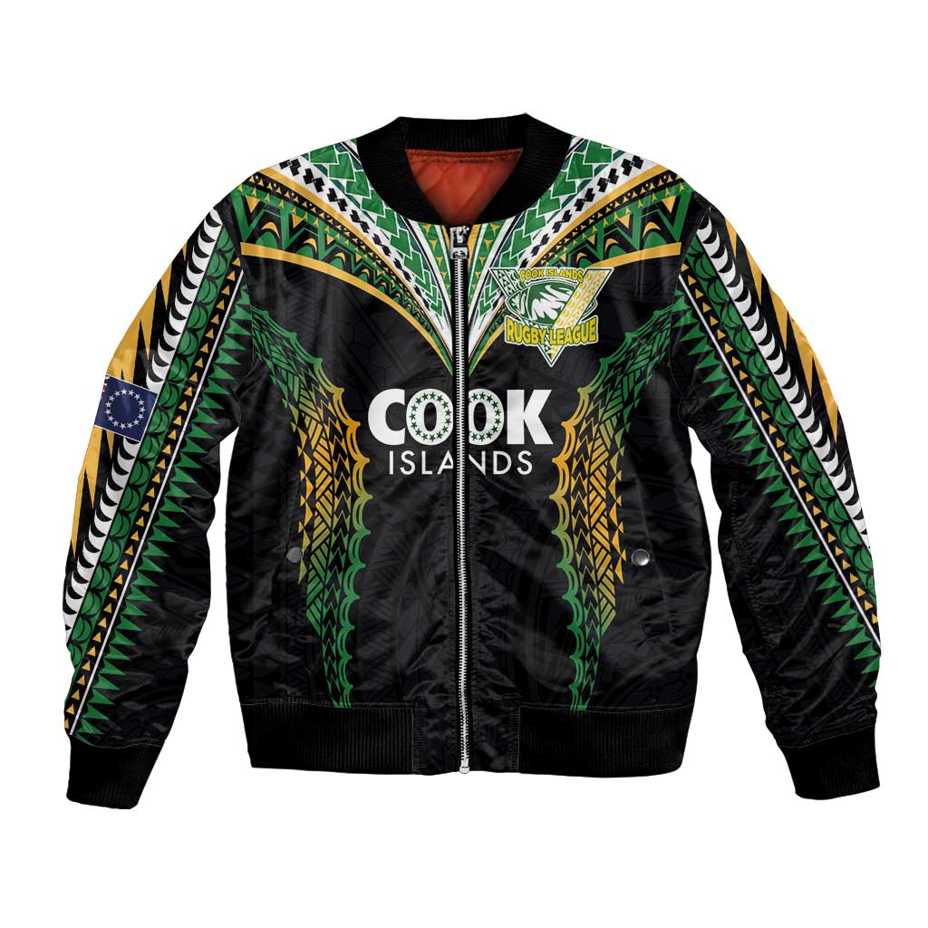 Custom Cook Islands Rugby League Bomber Jacket Tatau Tribal Pattern-Special Edition Black Color