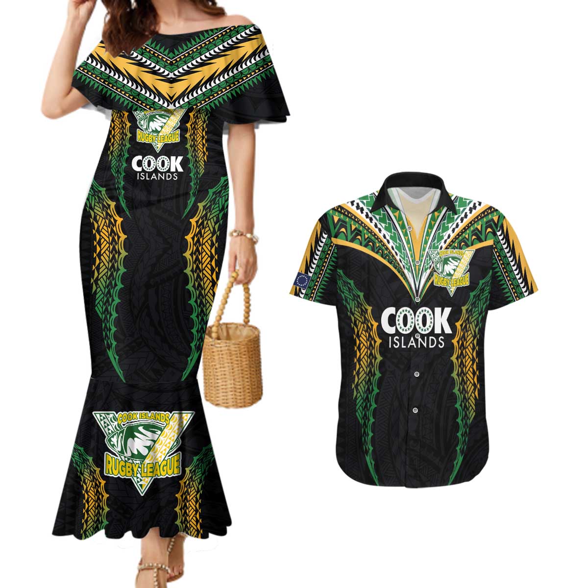 Custom Cook Islands Rugby League Couples Matching Mermaid Dress and Hawaiian Shirt Tatau Tribal Pattern-Special Edition Black Color