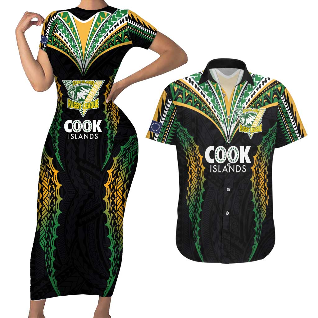 Custom Cook Islands Rugby League Couples Matching Short Sleeve Bodycon Dress and Hawaiian Shirt Tatau Tribal Pattern-Special Edition Black Color