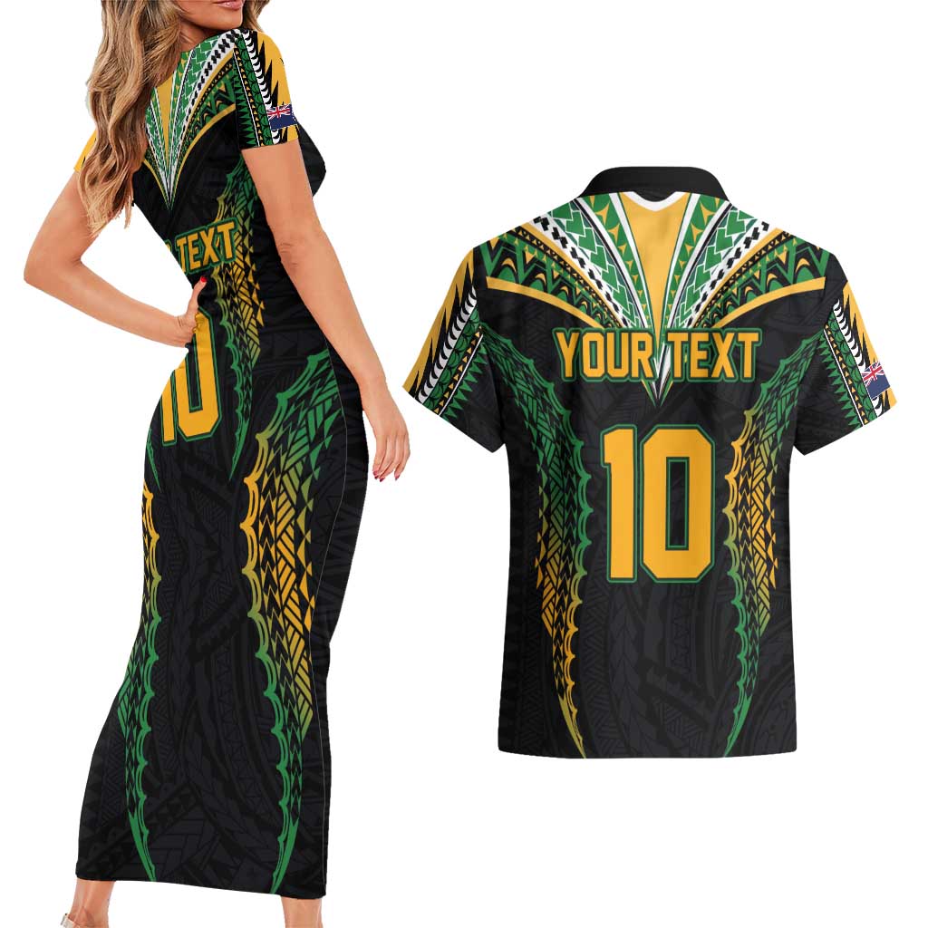 Custom Cook Islands Rugby League Couples Matching Short Sleeve Bodycon Dress and Hawaiian Shirt Tatau Tribal Pattern-Special Edition Black Color