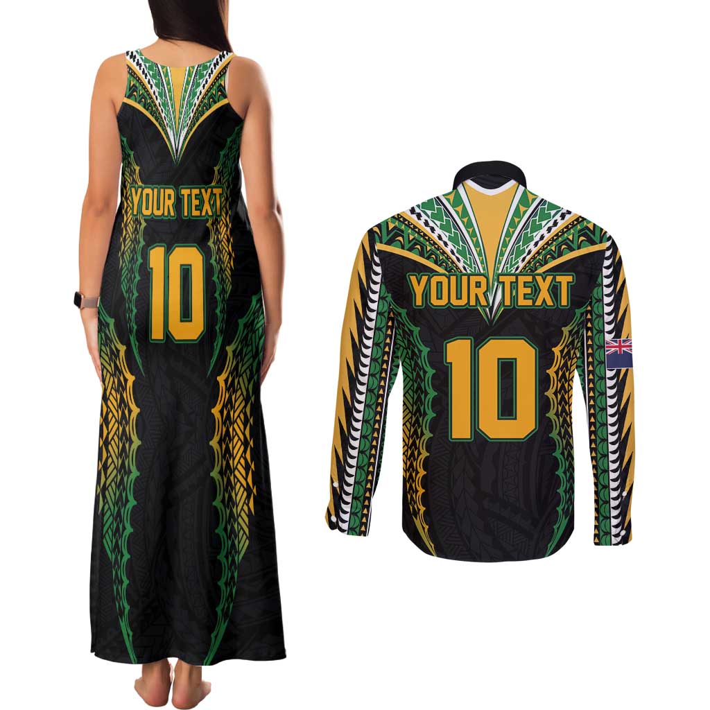 Custom Cook Islands Rugby League Couples Matching Tank Maxi Dress and Long Sleeve Button Shirt Tatau Tribal Pattern-Special Edition Black Color