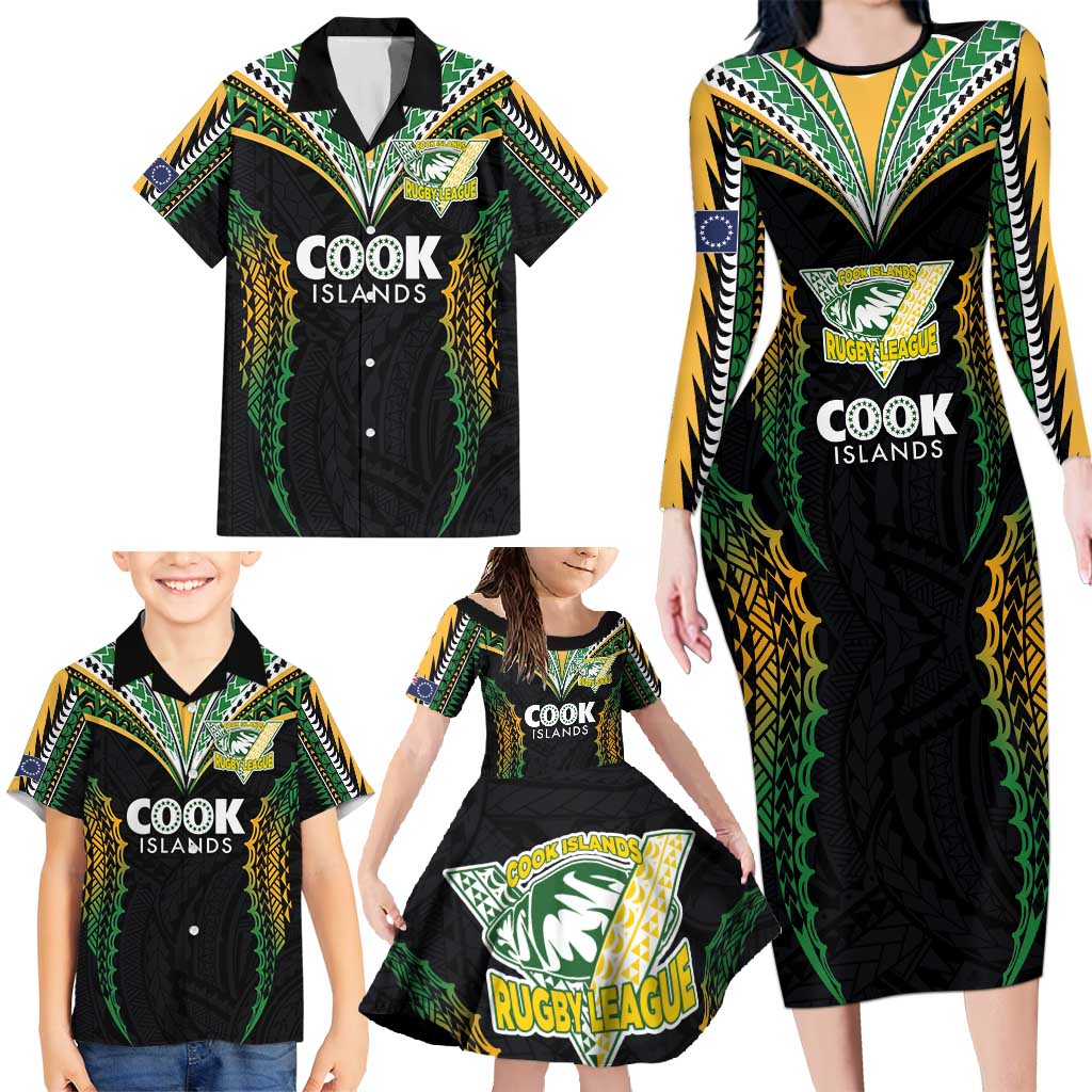Custom Cook Islands Rugby League Family Matching Long Sleeve Bodycon Dress and Hawaiian Shirt Tatau Tribal Pattern-Special Edition Black Color