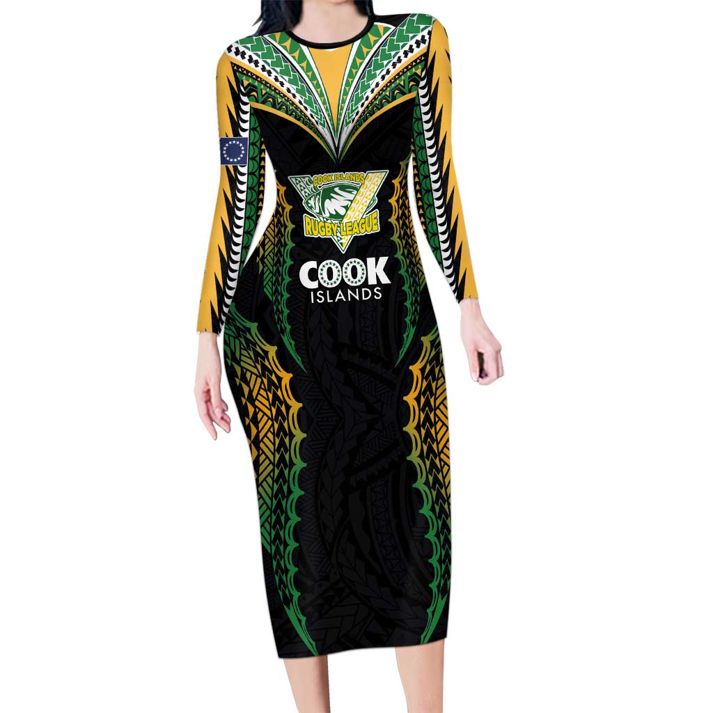 Custom Cook Islands Rugby League Family Matching Long Sleeve Bodycon Dress and Hawaiian Shirt Tatau Tribal Pattern-Special Edition Black Color