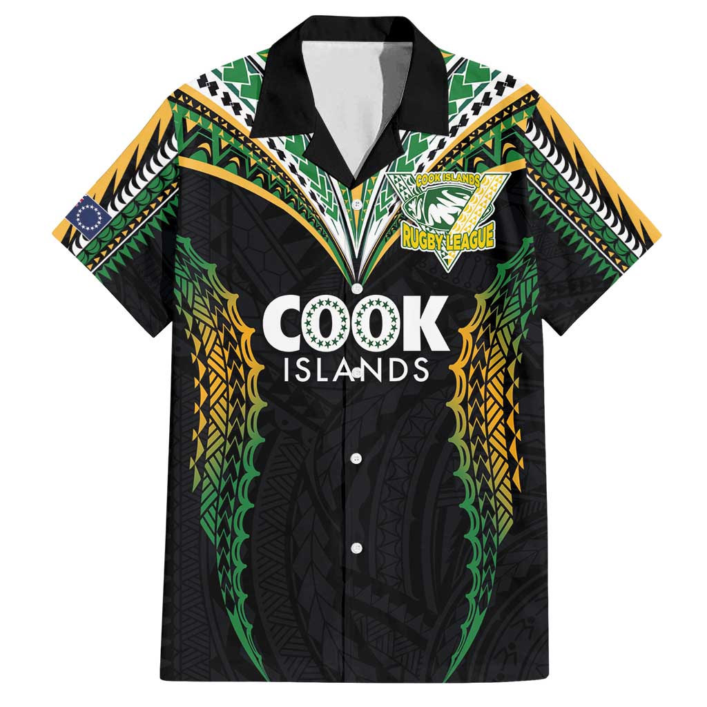 Custom Cook Islands Rugby League Family Matching Off Shoulder Maxi Dress and Hawaiian Shirt Tatau Tribal Pattern-Special Edition Black Color