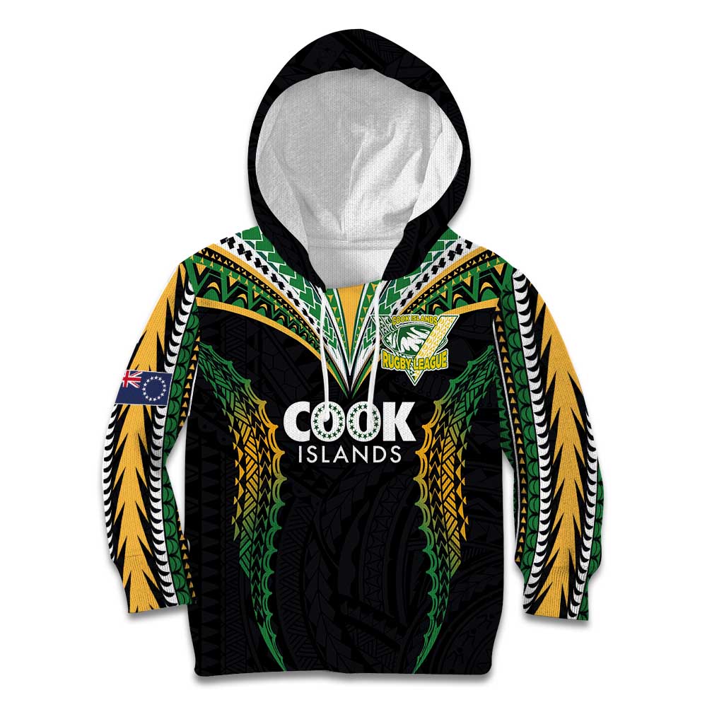 Custom Cook Islands Rugby League Kid Hoodie Tatau Tribal Pattern-Special Edition Black Color