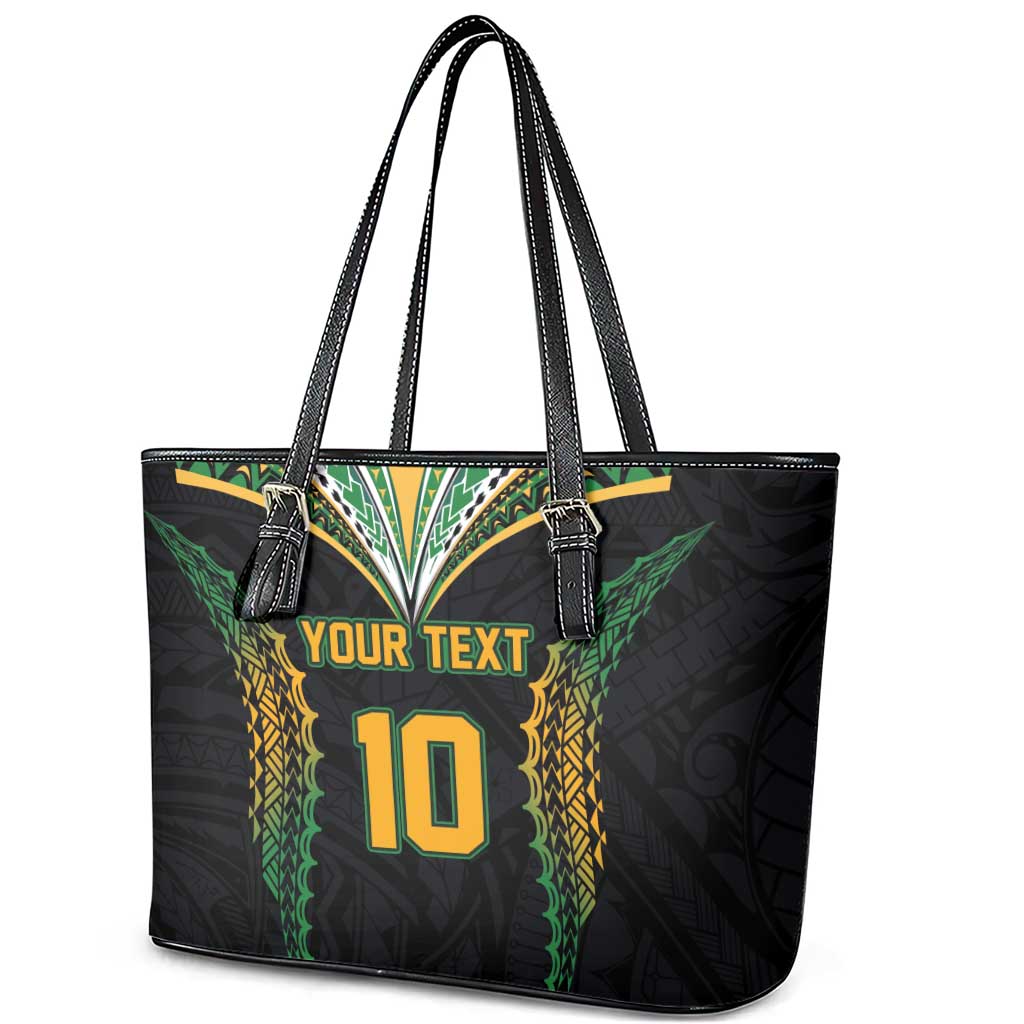 Custom Cook Islands Rugby League Leather Tote Bag Tatau Tribal Pattern-Special Edition Black Color