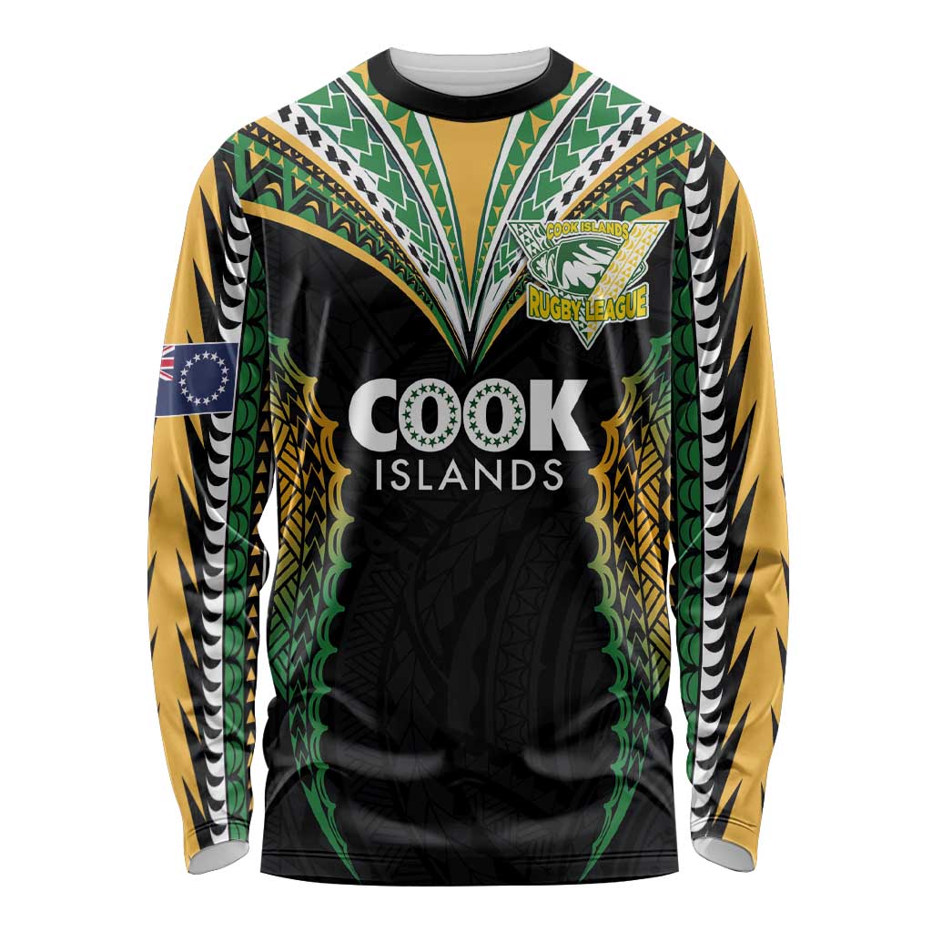 Custom Cook Islands Rugby League Long Sleeve Shirt Tatau Tribal Pattern-Special Edition Black Color