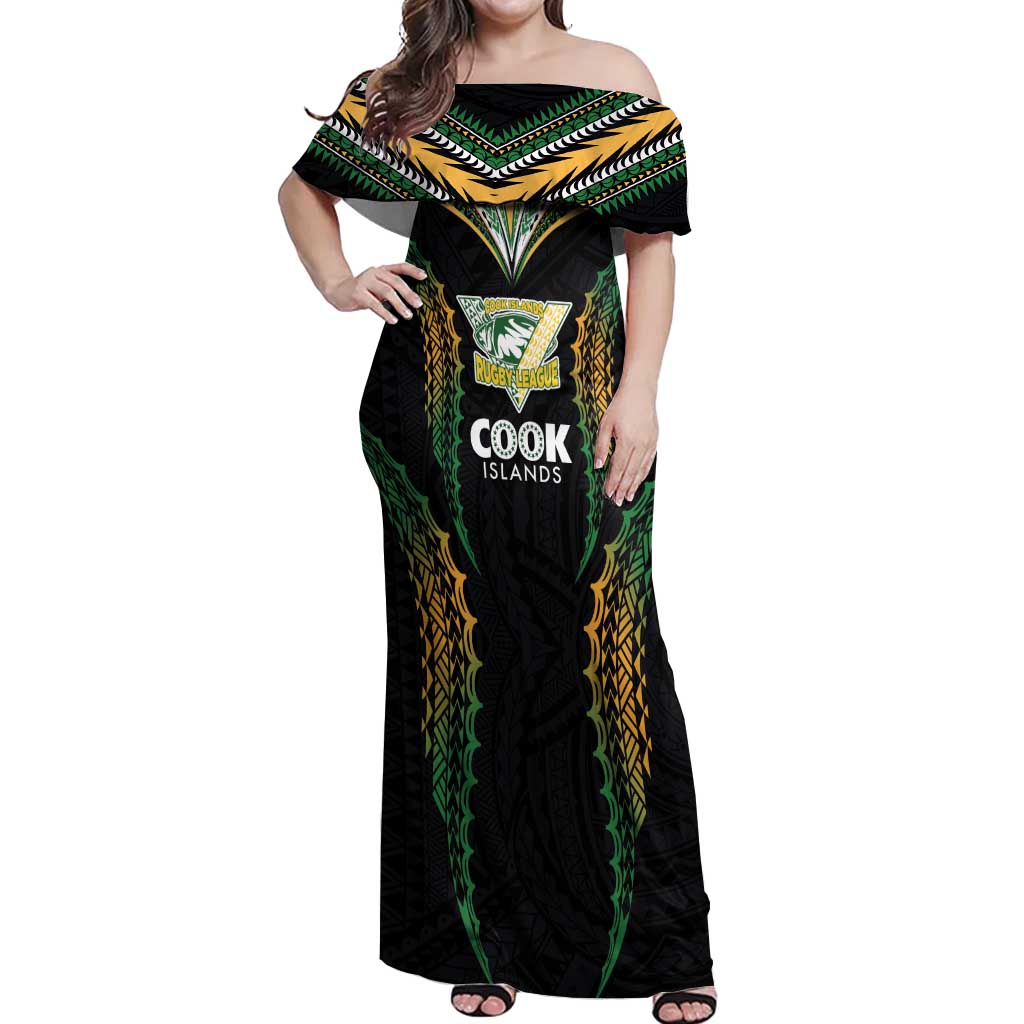 Custom Cook Islands Rugby League Off Shoulder Maxi Dress Tatau Tribal Pattern-Special Edition Black Color LT03 Women Green-Black - Polynesian Pride