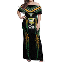 Custom Cook Islands Rugby League Off Shoulder Maxi Dress Tatau Tribal Pattern-Special Edition Black Color LT03 Women Green-Black - Polynesian Pride