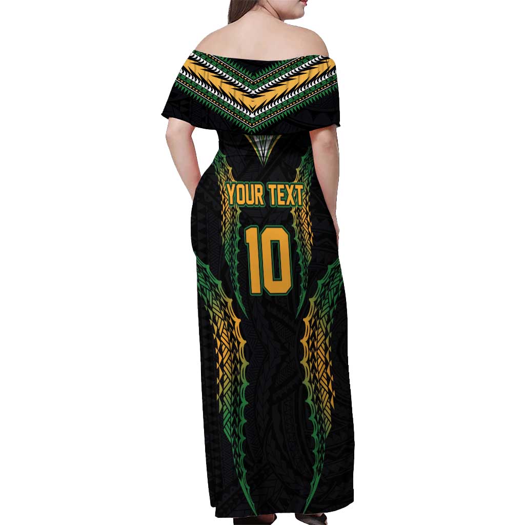 Custom Cook Islands Rugby League Off Shoulder Maxi Dress Tatau Tribal Pattern-Special Edition Black Color LT03 - Polynesian Pride