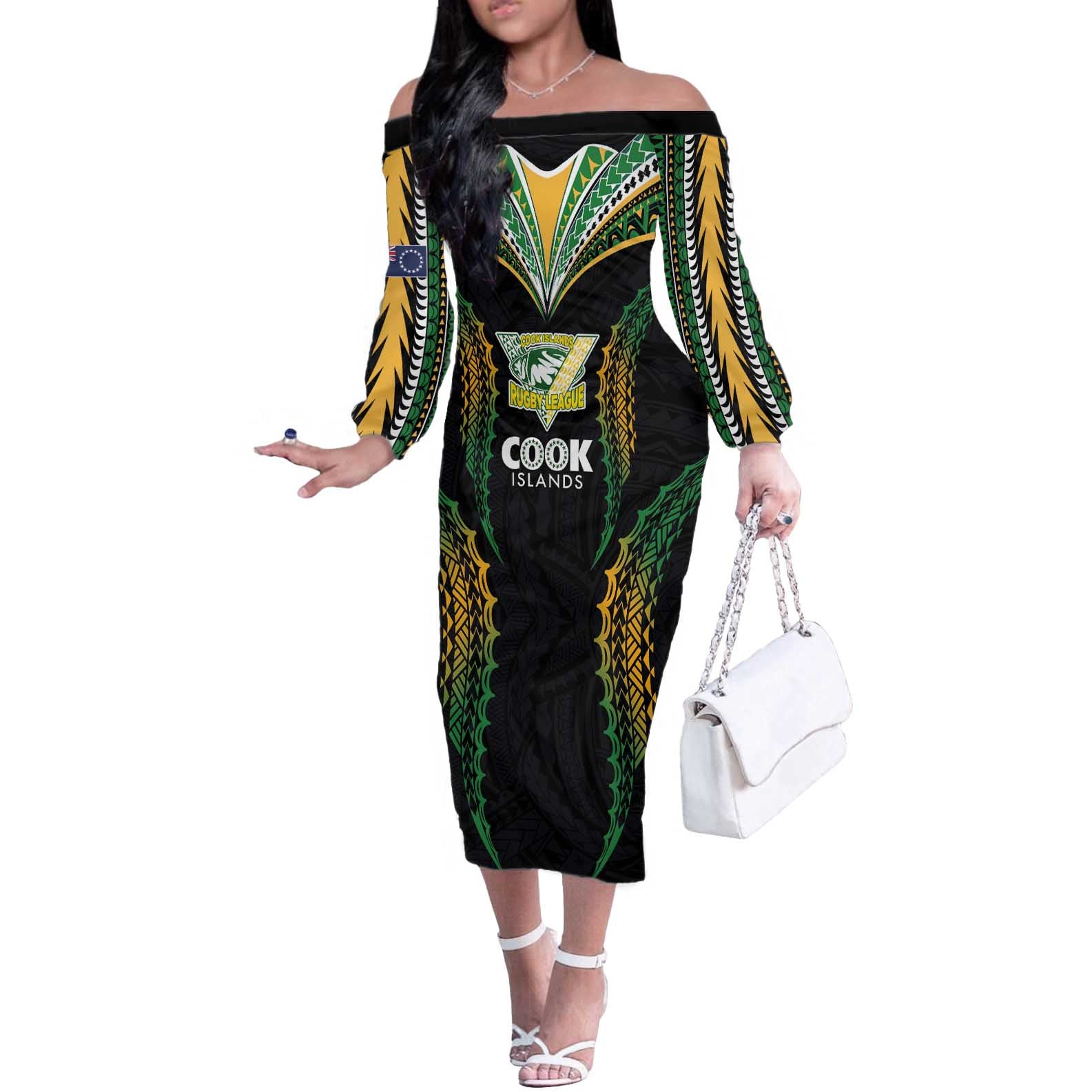 Custom Cook Islands Rugby League Off The Shoulder Long Sleeve Dress Tatau Tribal Pattern-Special Edition Black Color