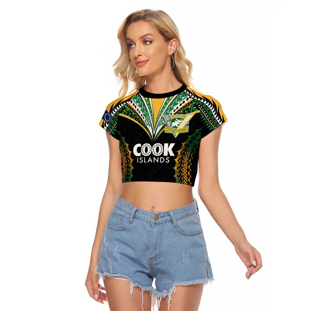 Custom Cook Islands Rugby League Raglan Cropped T Shirt Tatau Tribal Pattern-Special Edition Black Color LT03 Female Green-Black - Polynesian Pride