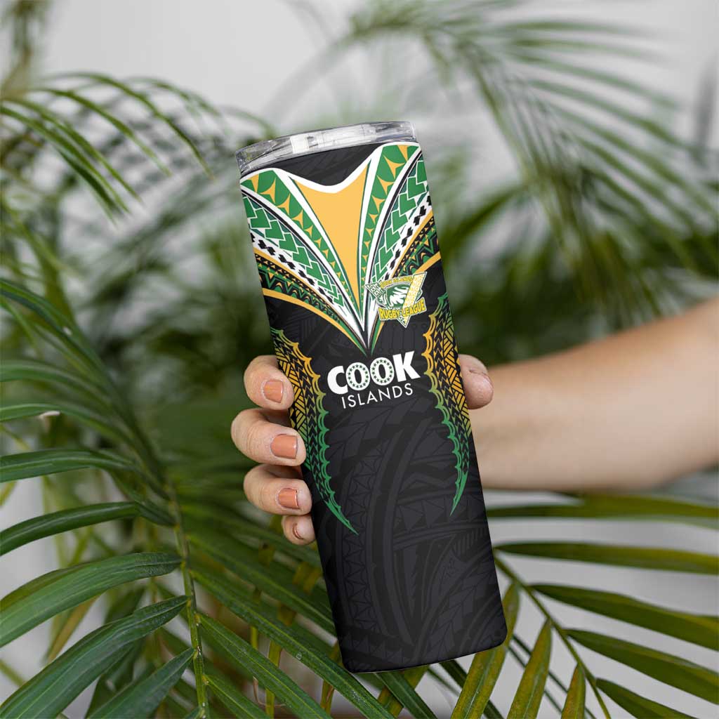 Custom Cook Island Rugby League 2025 Skinny Tumbler Tatau Tribal Pattern-Special Edition Black Color